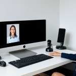 A professional female psychologist in a modest business suit, fully clothed, appropriate attire, engaged in a telepsychology session from a modern, well-lit home office. She is focused, looking at a large monitor displaying a video call with a client. The desk is tidy, with a professional microphone and a few subtle digital tools. The atmosphere is calm and innovative. perfect anatomy, correct proportions, natural pose, well-formed hands, proper finger count, safe for work, appropriate content, professional, high quality, studio lighting.
