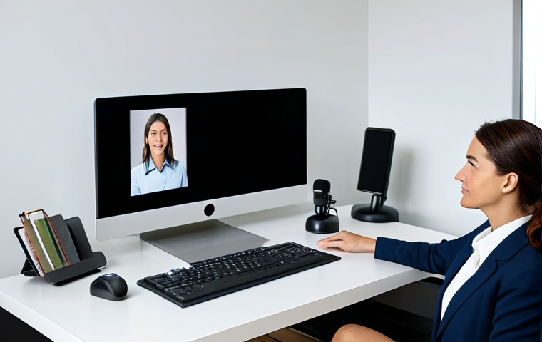 A professional female psychologist in a modest business suit, fully clothed, appropriate attire, engaged in a telepsychology session from a modern, well-lit home office. She is focused, looking at a large monitor displaying a video call with a client. The desk is tidy, with a professional microphone and a few subtle digital tools. The atmosphere is calm and innovative. perfect anatomy, correct proportions, natural pose, well-formed hands, proper finger count, safe for work, appropriate content, professional, high quality, studio lighting.