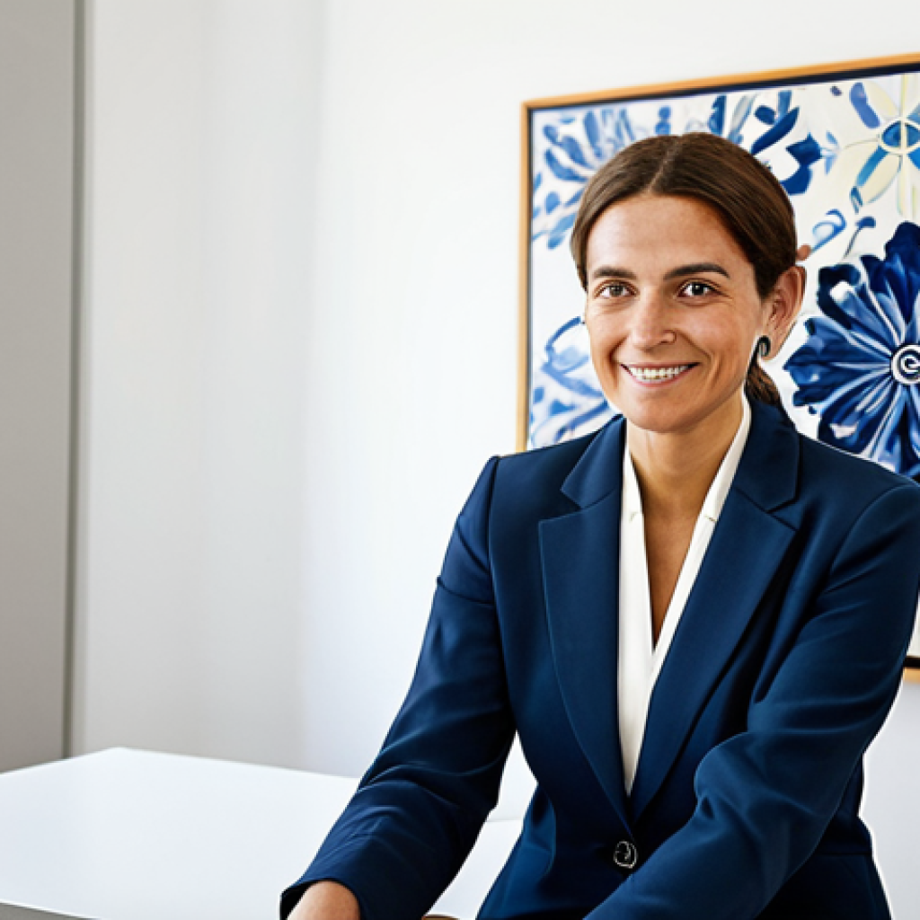 **
A friendly therapist in a brightly lit, modern office in Lisbon. She is wearing a professional, yet approachable, blazer and dress pants, fully clothed, and sits across from a blurred-out patient. The office features calming artwork inspired by Portuguese tiles. Natural pose, perfect anatomy, well-formed hands, appropriate attire, safe for work, professional setting, modest.
**