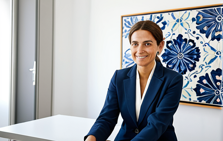 **
A friendly therapist in a brightly lit, modern office in Lisbon. She is wearing a professional, yet approachable, blazer and dress pants, fully clothed, and sits across from a blurred-out patient. The office features calming artwork inspired by Portuguese tiles. Natural pose, perfect anatomy, well-formed hands, appropriate attire, safe for work, professional setting, modest.
**