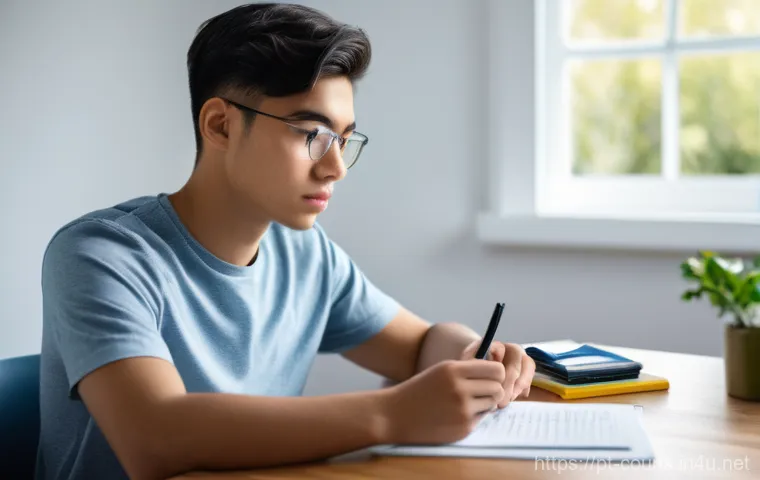 상담심리사 관련 시험 모의고사 - **Prompt:** A young adult, appearing to be a psychology student, intensely focused on a simulated ex...