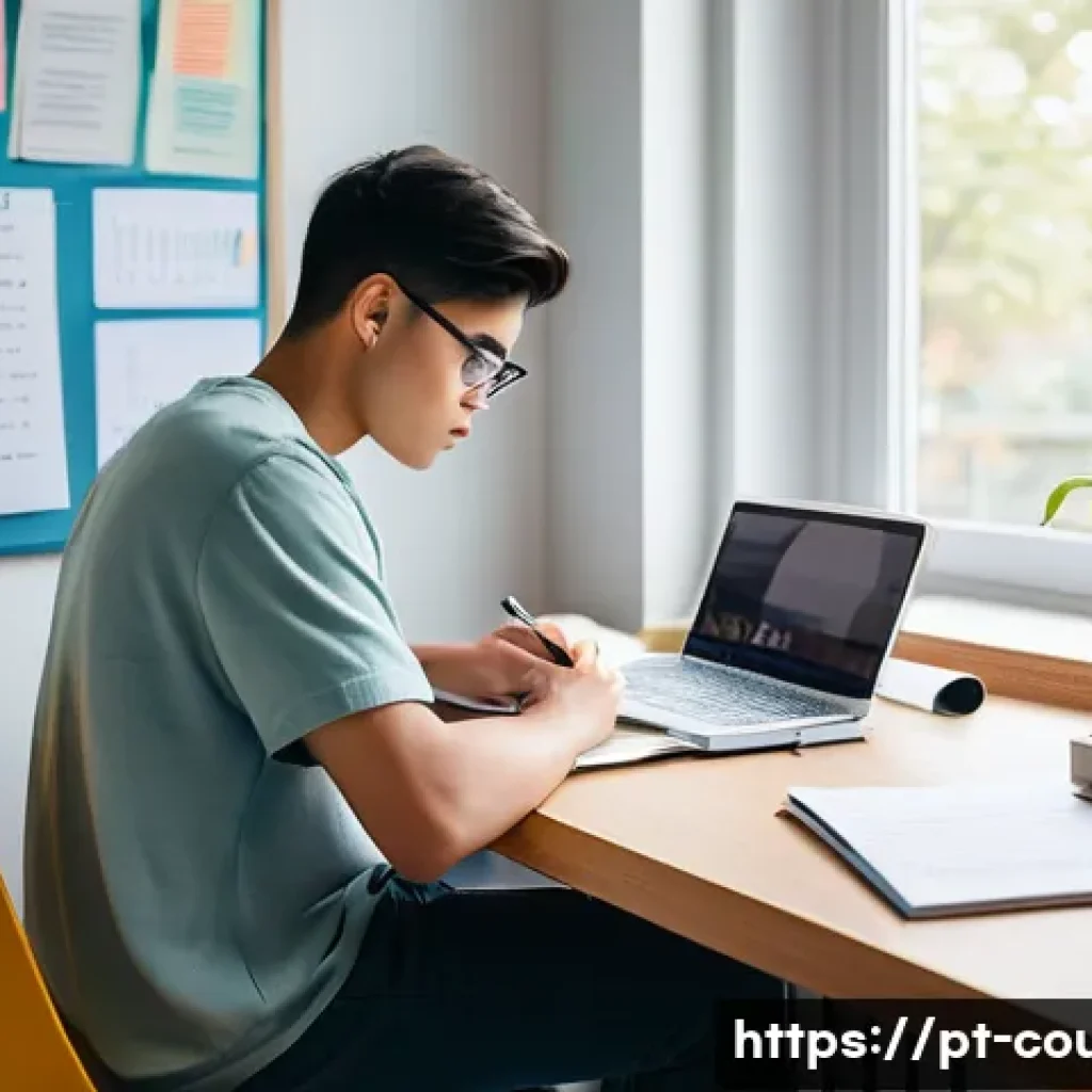 상담심리사 자격시험 고득점 비법 - A focused young adult student studying at a clean, organized desk in a quiet room with natural dayli...