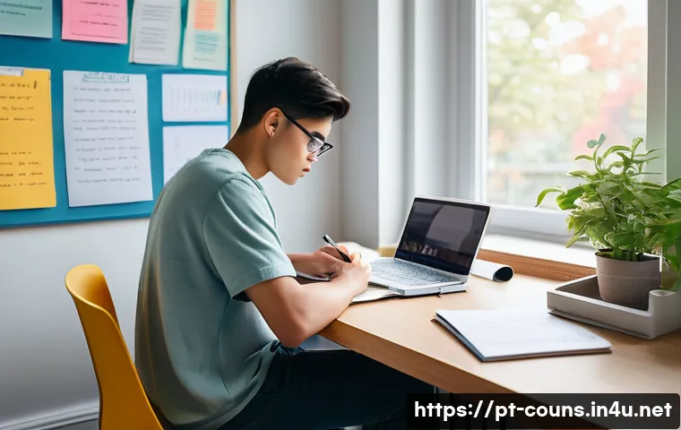 상담심리사 자격시험 고득점 비법 - A focused young adult student studying at a clean, organized desk in a quiet room with natural dayli...
